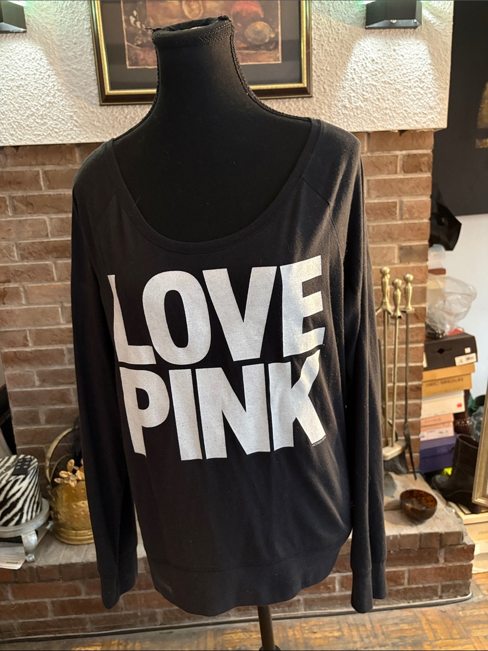PINK Victoria's Secret Black 'LOVE PINK' Scoop Neck Logo Sweatshirt